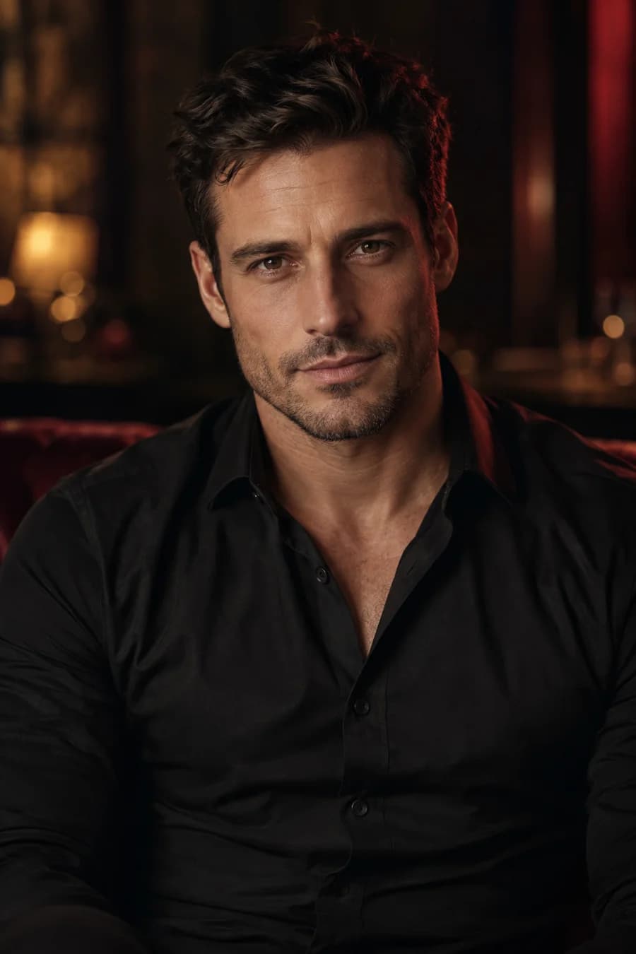 A confident dark-haired male companion in a tailored black shirt.