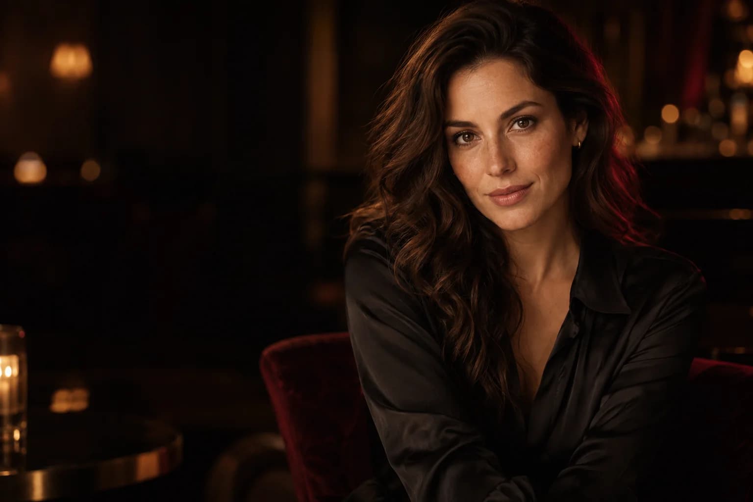 A sophisticated brunette AI companion meets your gaze in a softly lit evening lounge.