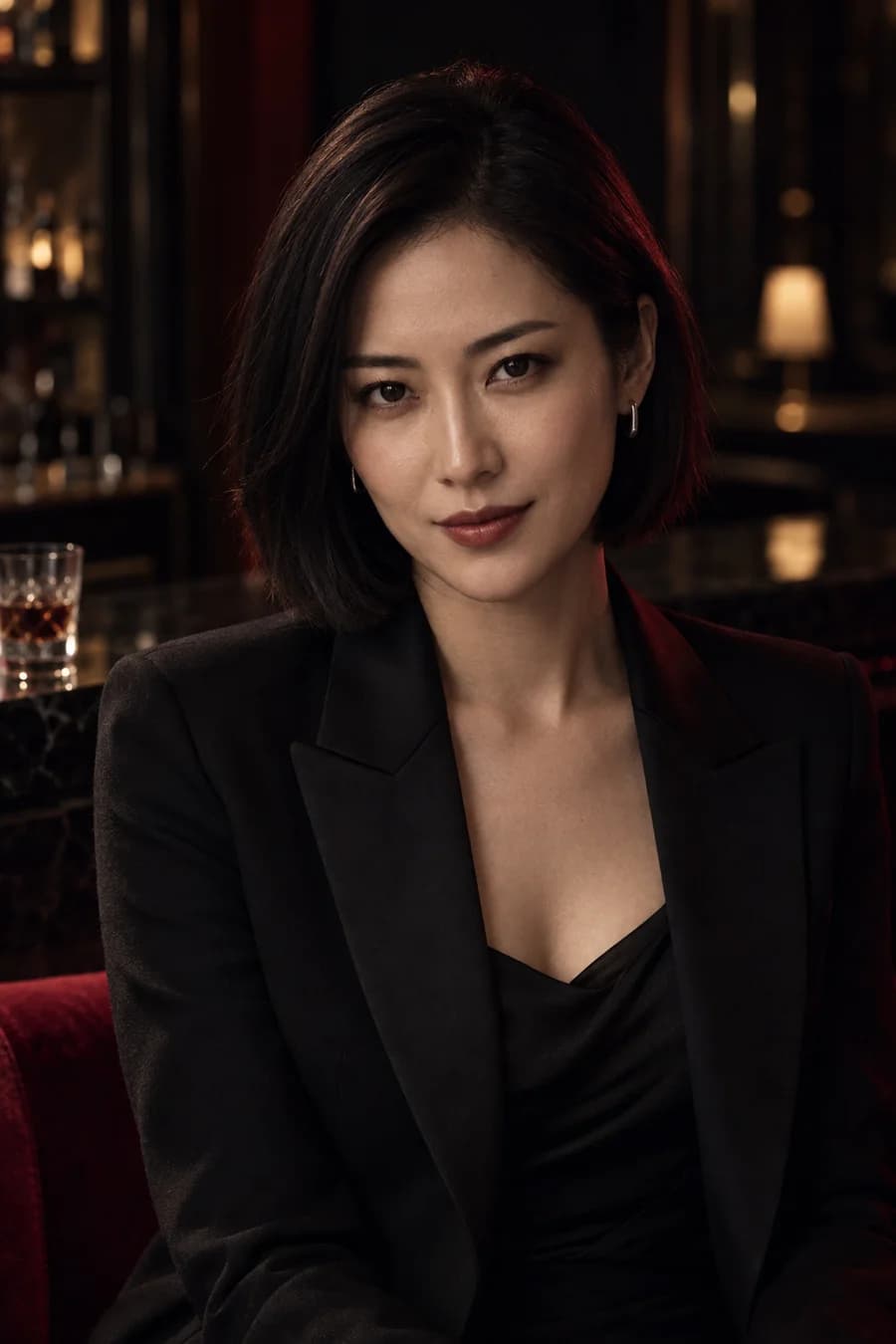 A sophisticated companion with a sleek dark bob in a dimly lit evening setting.