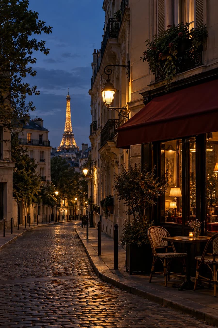 A quiet Paris street at blue hour, with warm café lights and the Eiffel Tower in the distance.