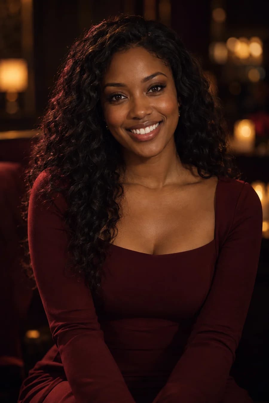 A companion with natural curls and a bright, spontaneous smile.