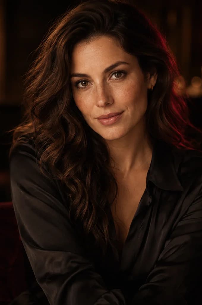A brunette companion with warm eyes and a gentle smile in a softly lit lounge.